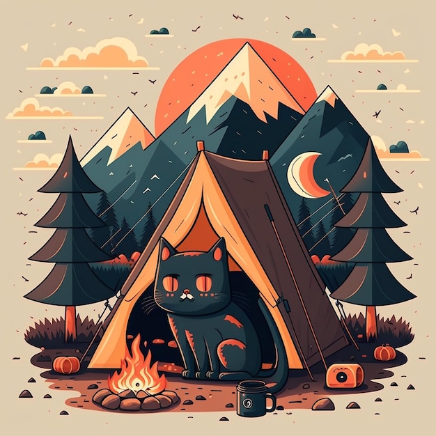 Ilustración del vector del gato en el campamento