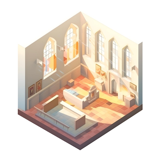Ilustración de vector de iglesia isométrica 3D interior de iglesia isométrica