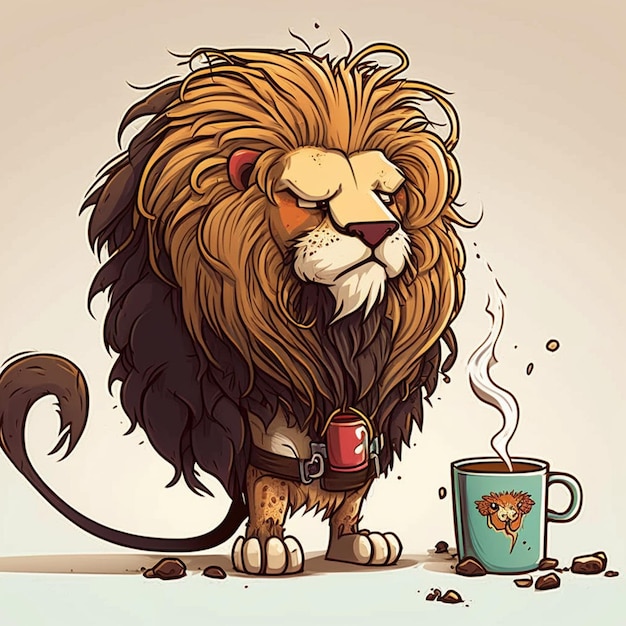 Ilustración del vector del león bebiendo café