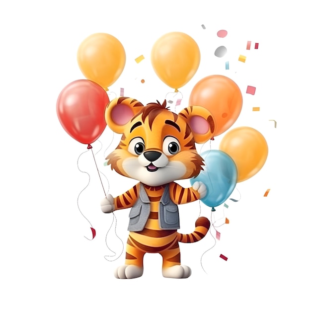 Ilustración de vector de personaje de dibujos animados lindo tigre con globos y confeti