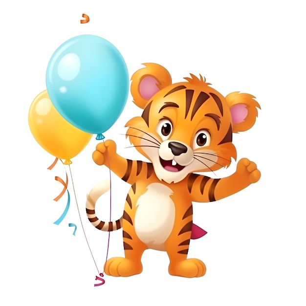 Ilustración de vector de personaje de dibujos animados lindo tigre con globos sobre fondo blanco