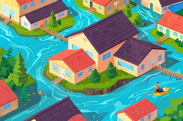 Ilustración de un vector plano de un desastre por inundación