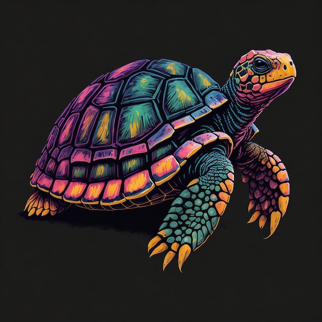 Ilustración de vector de tortuga colorida sobre fondo negro
