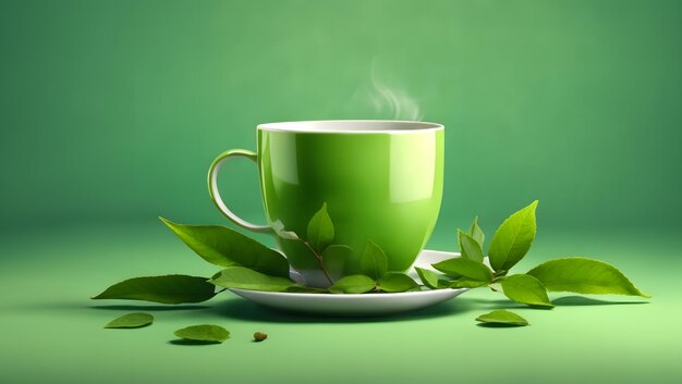 Foto ilustración vectorial 3d con una taza de té verde y hojas sobre un fondo verde