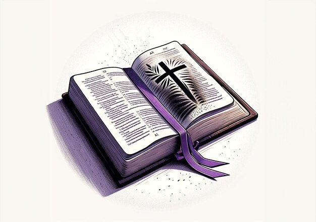 Una ilustración vectorial abre la Biblia con un marcador de cinta púrpura para el Miércoles de Ceniza