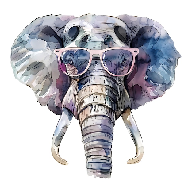 Ilustración vectorial de acuarela de un elefante con gafas de sol con un fondo blanco aislado