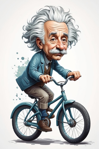 Foto ilustración vectorial de albert einstein montando en bicicleta