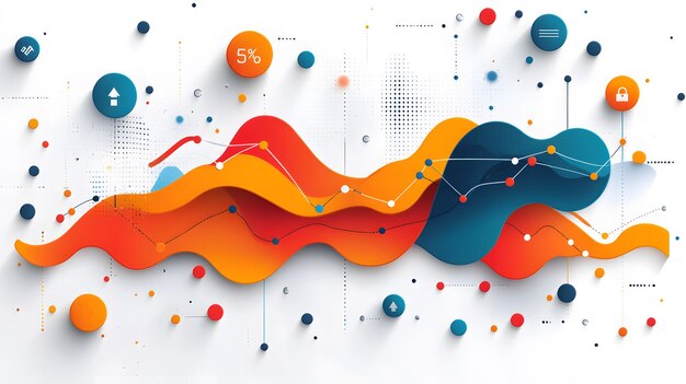 Una ilustración vectorial de un análisis gráfico de negocios con varios puntos de datos y tendencias presentados en un fondo blanco limpio para la presentación moderna de datos