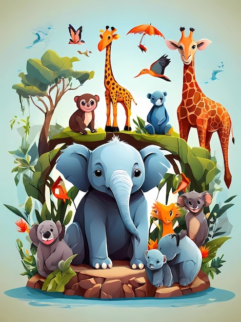 Foto ilustración vectorial de animales y bebés, incluidos koalas, pingüinos, jirafas, monos y elefantes