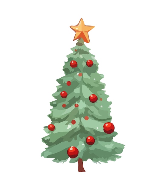 Ilustración vectorial de árbol de Navidad decorado en nieve sobre fondo blanco Pino de Navidad esponjoso verde aislado sobre fondo blanco Árbol de Navidad lindo en estilo acuarela de dibujos animados