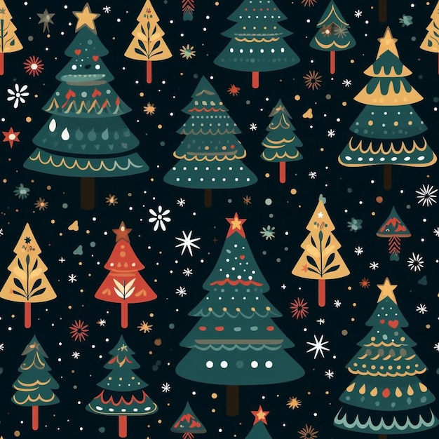 Una ilustración vectorial de árboles de Navidad y copos de nieve.