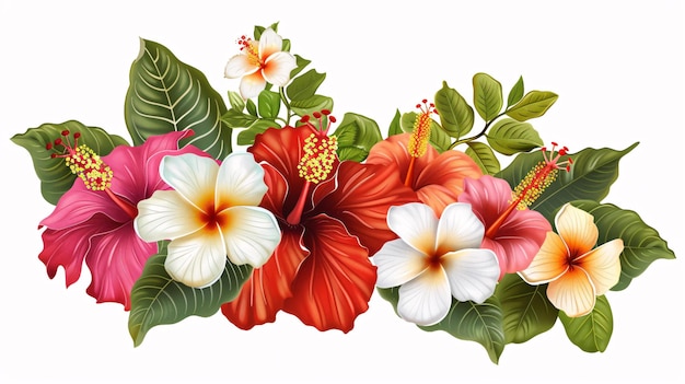 Ilustración vectorial de un arreglo decorativo con vibrantes flores de hibisco y plumeria meticulosamente detalladas con hojas exuberantes y pétalos delicados en un fondo blanco