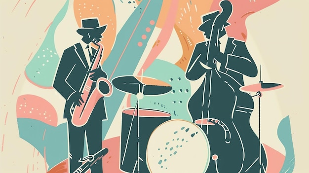 Foto una ilustración vectorial de una banda de jazz la banda está compuesta por un saxofonista un contrabajista y un baterista