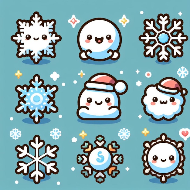 Foto ilustración vectorial de bonitos copos de nieve e iconos de invierno