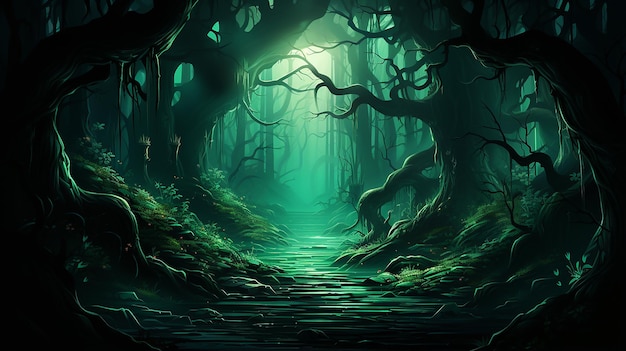 ilustración vectorial un bosque siniestro con árboles retorcidos generado por Ai