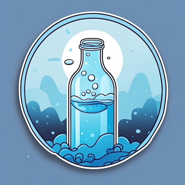 ilustración vectorial de una botella con un vaso en el fondo azulbotella de vidrio con hielo y agua