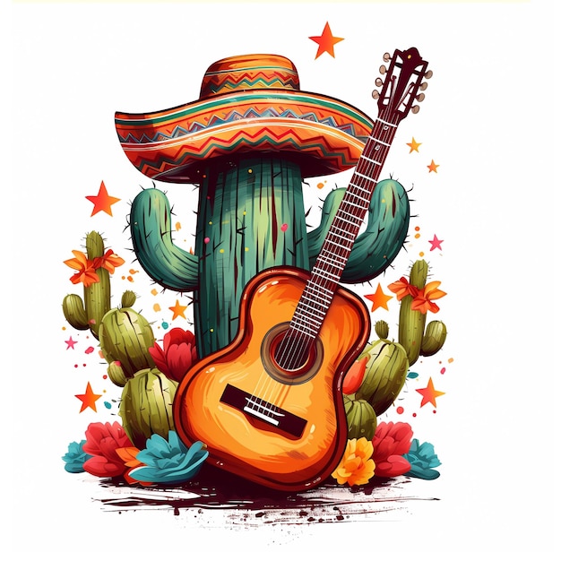 ilustración vectorial de un cactus con una guitarra de estilo mexicano