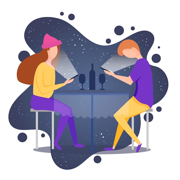 Ilustración vectorial con cena romántica milenaria Generación milenaria Pareja romántica en restaurante en una cita Pareja charlando en messenger