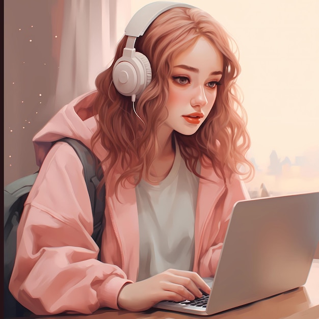 ilustración vectorial de una chica con cabello rosado con auriculares sentada frente a una computadora portátil