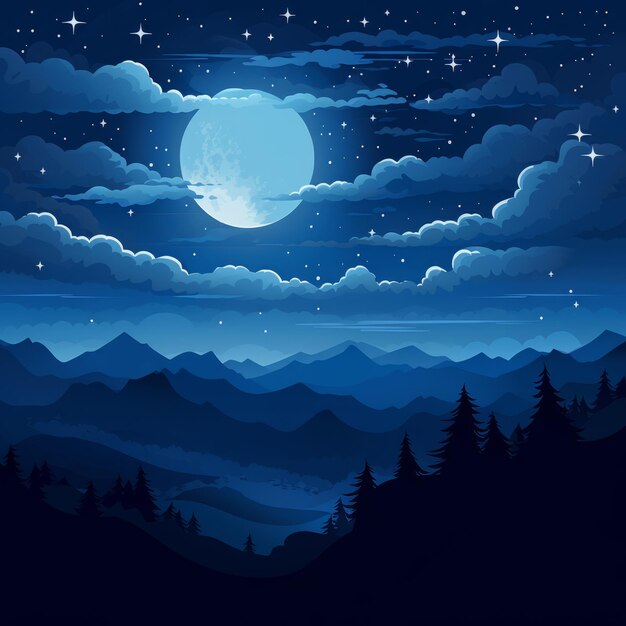 Ilustración vectorial del cielo nocturno con la luna y las estrellas