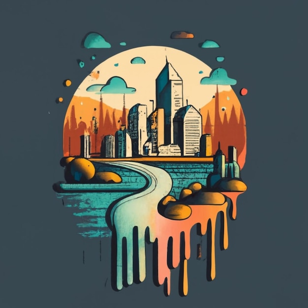 Ilustración vectorial de la ciudad para el diseño de camisetas Arte digital Fondo de colores de agua salpicaduras