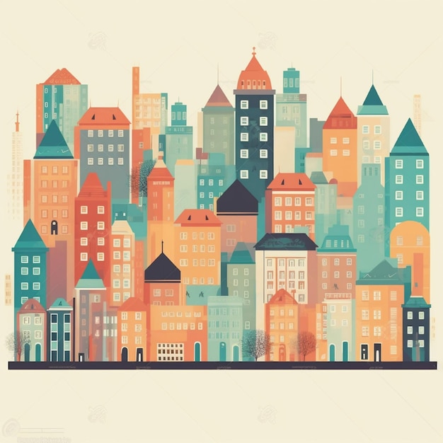 Una ilustración vectorial de una ciudad con muchos edificios y un reloj generativo ai