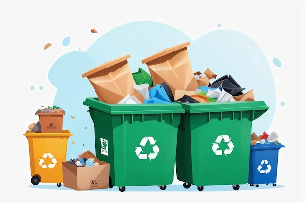 Ilustración vectorial de la clasificación de basura clasificación de la basura por material y tipo en un contenedor