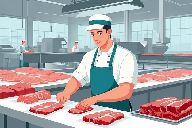 Ilustración vectorial de color plano de la fábrica de carne Supervisor de la línea de producción Procesamiento de carne Control de calidad