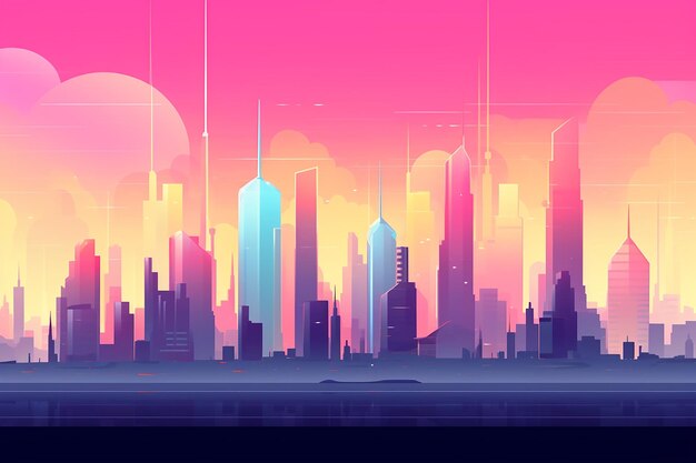 Ilustración vectorial colorida del paisaje urbano de neón