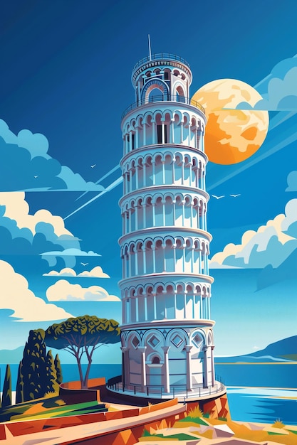 Una ilustración vectorial colorida de la Torre Inclinada de Pisa durante una puesta de sol vívida Generada por IA