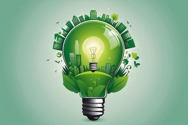 Ilustración vectorial de concepto verde Piense en la ciudad verde en la bombilla Salve el mundo Salve el planeta Salve la Tierra Concepto creativo de Ecotecnología