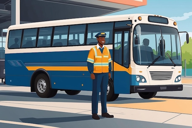 Foto una ilustración vectorial de un conductor de autobús de pie frente al autobús en una terminal de autobuses