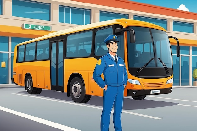 Foto una ilustración vectorial de un conductor de autobús de pie frente al autobús en una terminal de autobuses