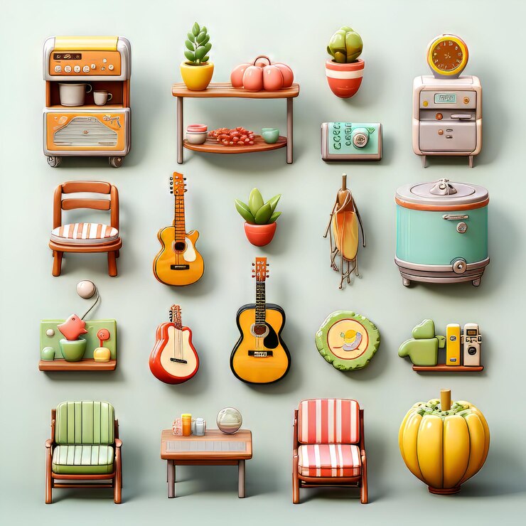 Foto ilustración vectorial de un conjunto de diferentes objetos relacionados con el hogar en un fondo verde