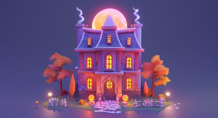 Ilustración vectorial de dibujos animados en 3D de una casa embrujada espeluznante con una luna llena en el fondo rodeada de árboles espelazos y un amplio área de espacio vacío para el texto