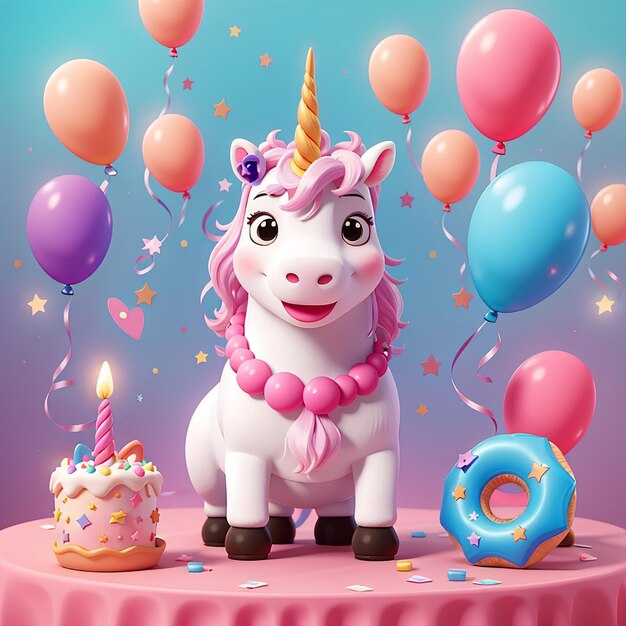 Foto ilustración vectorial de dibujos animados de la fiesta de cumpleaños del adorable unicornio