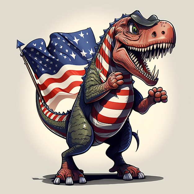 Foto ilustración vectorial de un dinosaurio sosteniendo la bandera estadounidense