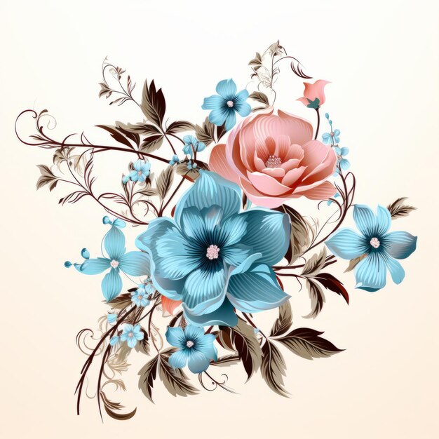 ilustración vectorial de diseño floral con flores azules y rosas sobre un fondo beige