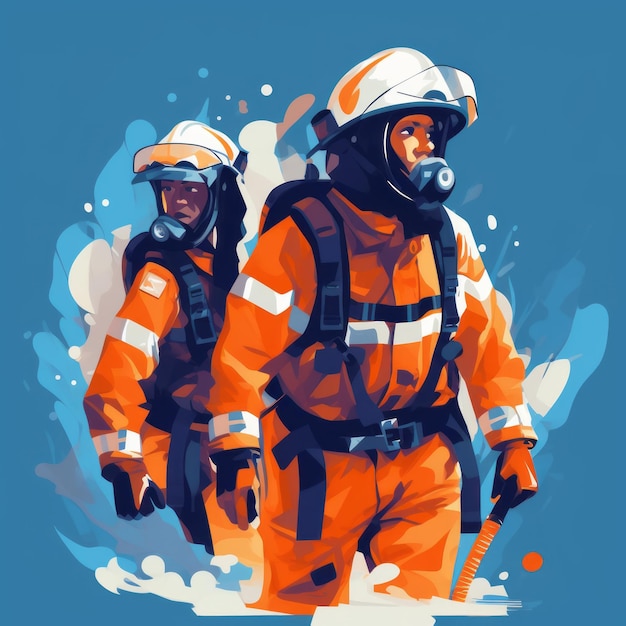 Ilustración vectorial diseño plano ilustración plana bomberos para rescatar a las personas naranja blanco azul