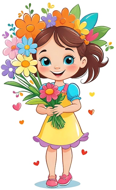 Foto ilustración vectorial divertida y alegre logotipo plano de una niña con flores aisladas sobre un fondo blanco