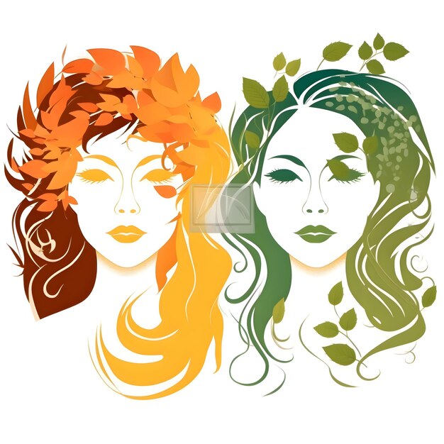 Ilustración vectorial de dos hermosas chicas con flores y hojas sobre un fondo blanco