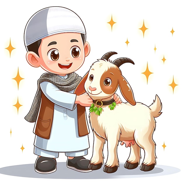 Ilustración vectorial de Eid ul adha un niño con una cabra para ser sacrificada