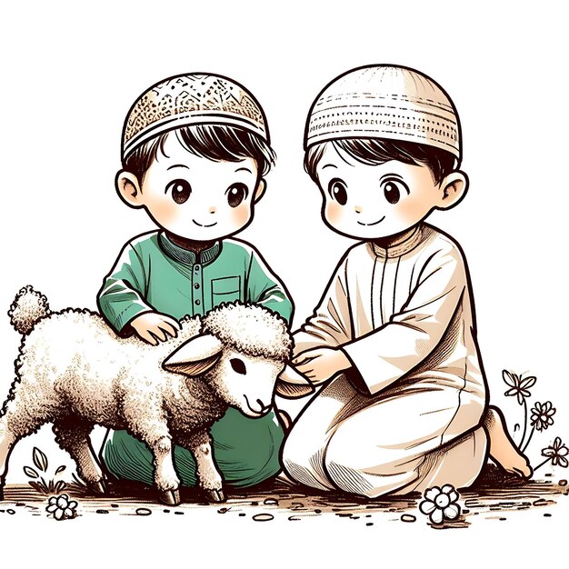 Ilustración vectorial de Eid ul adha un niño con una cabra para ser sacrificada