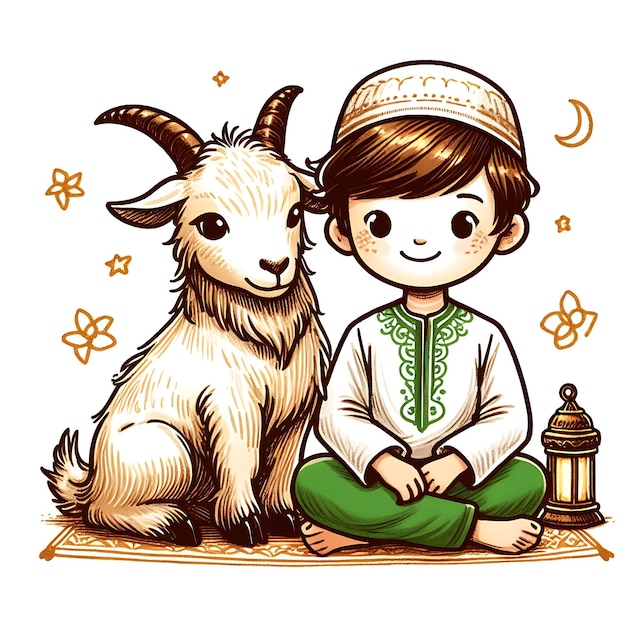 Ilustración vectorial de Eid ul adha un niño con una cabra para ser sacrificada