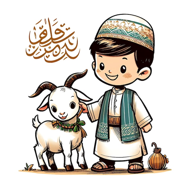 Ilustración vectorial de Eid ul adha un niño con una cabra para ser sacrificada