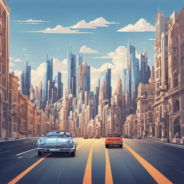 Ilustración vectorial de una escena de coche en medio de la ciudad