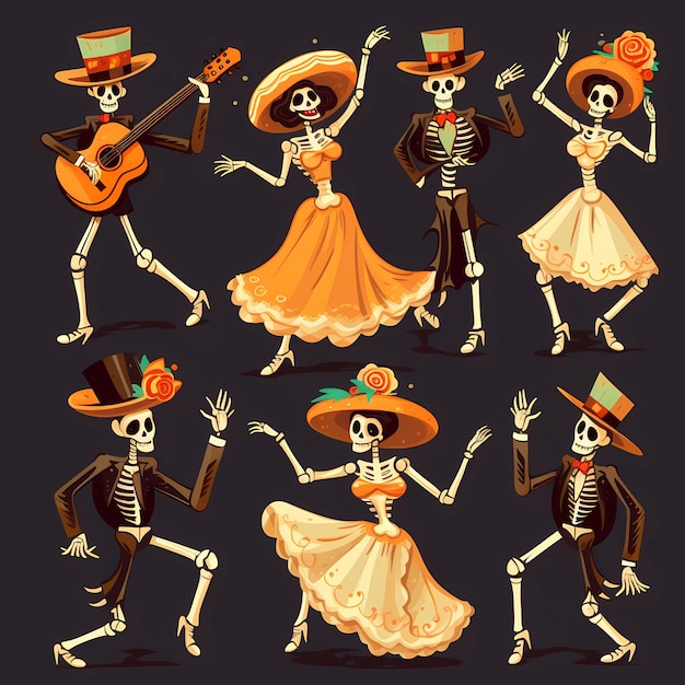 Ilustración vectorial de esqueletos danzantes