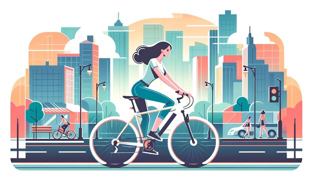 Ilustración vectorial en estilo plano de una chica vestida con una camiseta montando una bicicleta