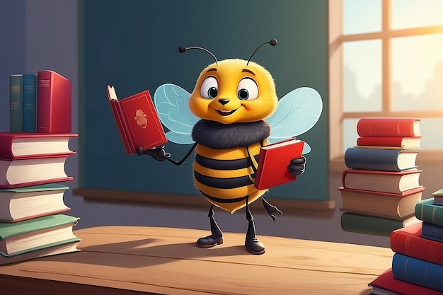 Ilustración vectorial de un estudiante de abejas de pie sosteniendo un libro rojo mientras levanta la mano