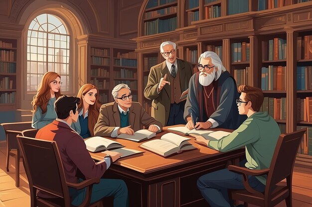 Foto una ilustración vectorial de estudiantes universitarios teniendo una discusión con su profesor en la biblioteca